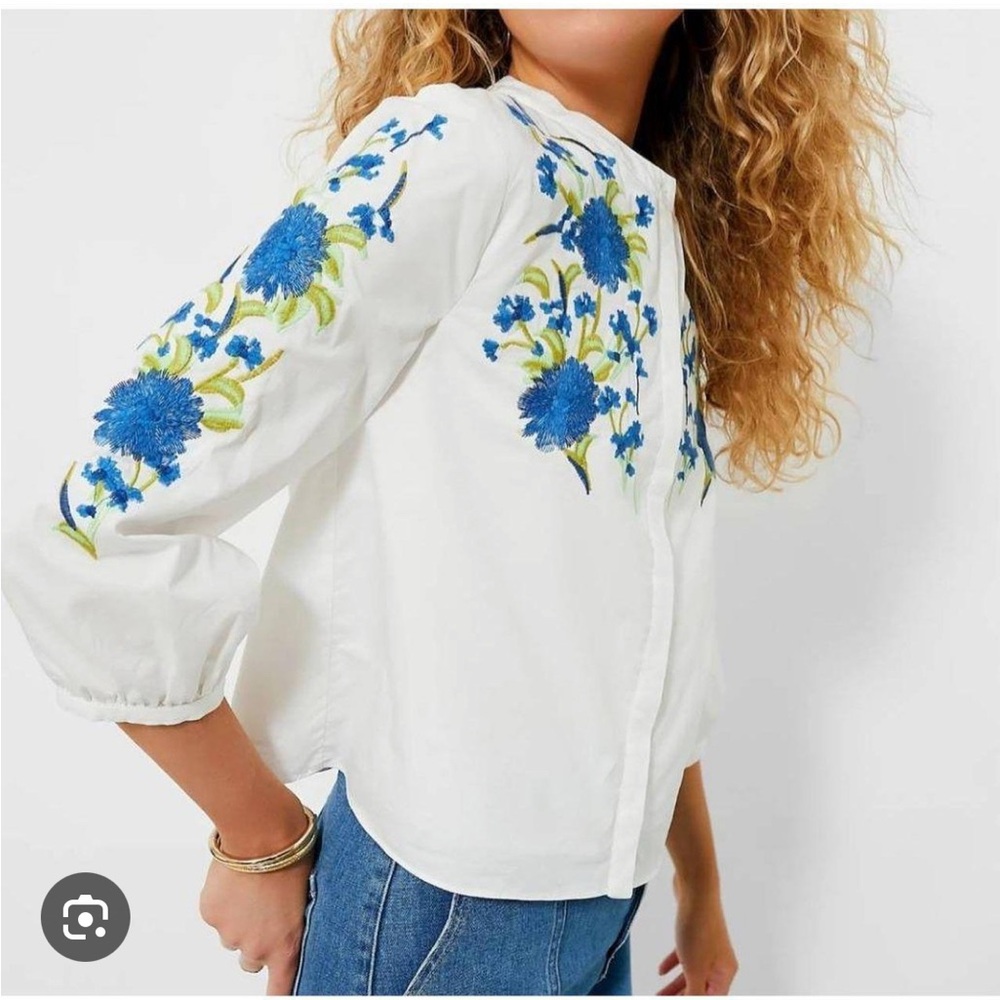 Elegant White Blouse with Blue Floral Embroidery
